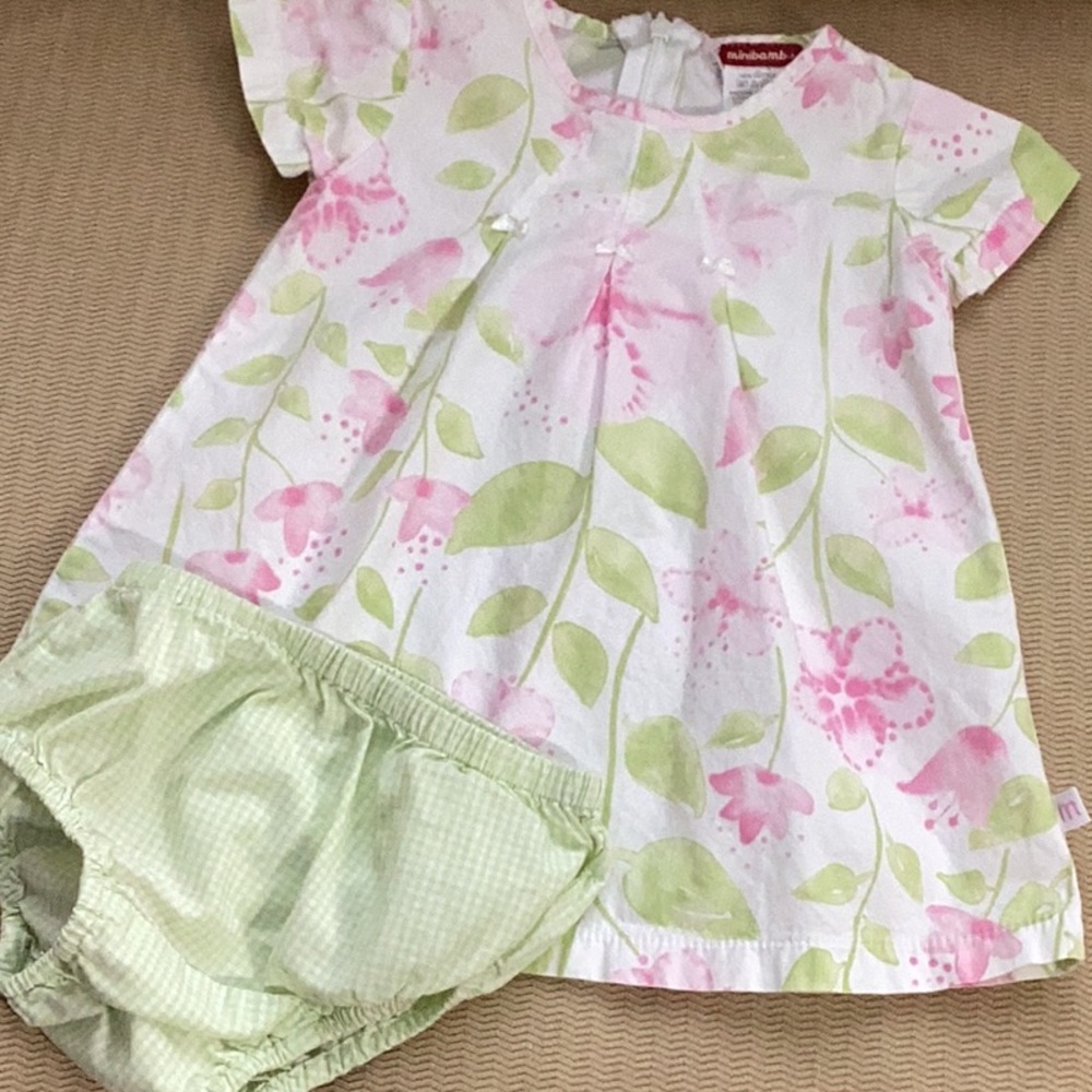 Minibamba floral pink and green top and small check green Gap bottom. 6months